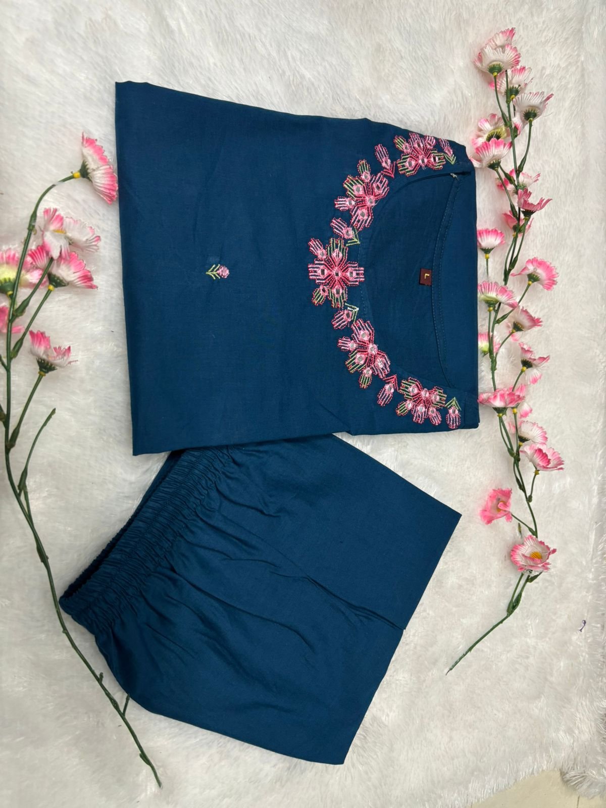 Blue Cotton Coord Set with Embroidered Top and Pant